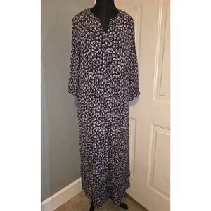 J Jill Blue Pink Floral Maxi Dress V-Neck Ruffle Hem XL Rayon Boho Cottagecore